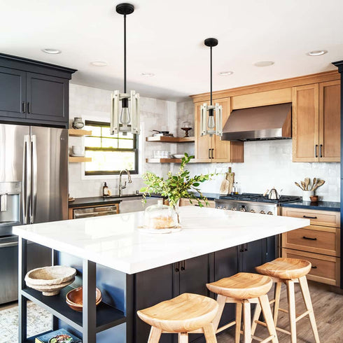 Modern Farmhouse Wood Pendant Light Fixture Black Finish